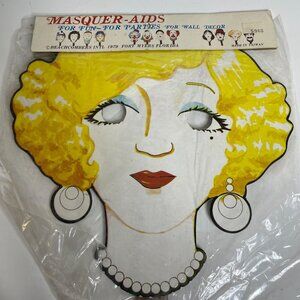 Vintage 1979 MasquerAids Blonde Flapper Face Mask Wooden Stick Beachcombers Intl